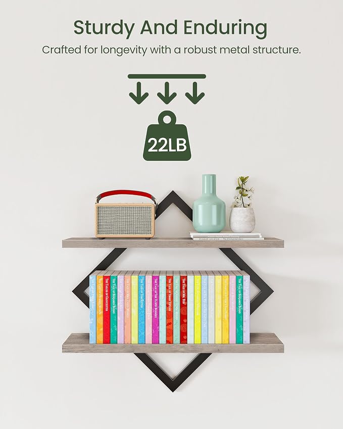 CHOEZON Floating Shelves for Wall, Set of 2 Wall Mounted Shelves, 2-Tier Hanging Shelves, for Living Room, Bedroom, Kitchen, Office, Study, Greige TBJ01P2BG - Image 6