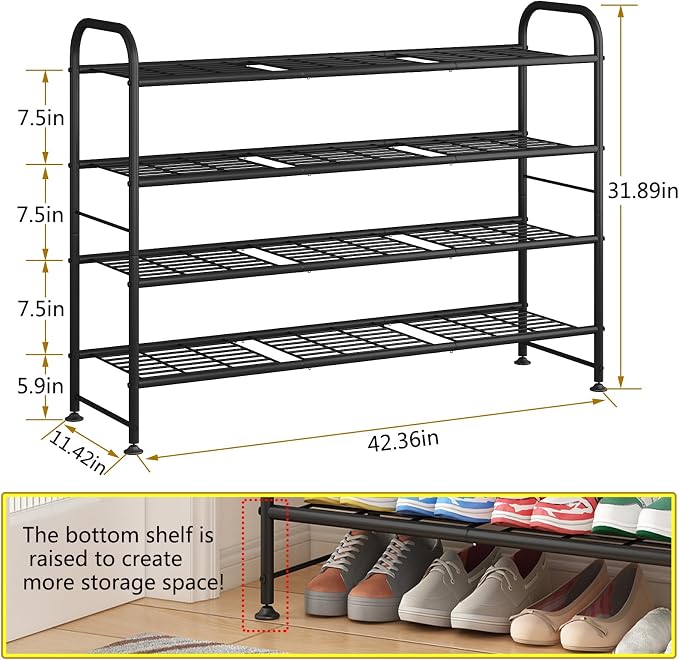 LINZINAR Shoe Rack Long 4 Tier Shoe Storage Organizer Metal Wide Shoe Shelf for Closet Entryway Bedroom 24 Paris Large Capacity, Gold Black - Image 3