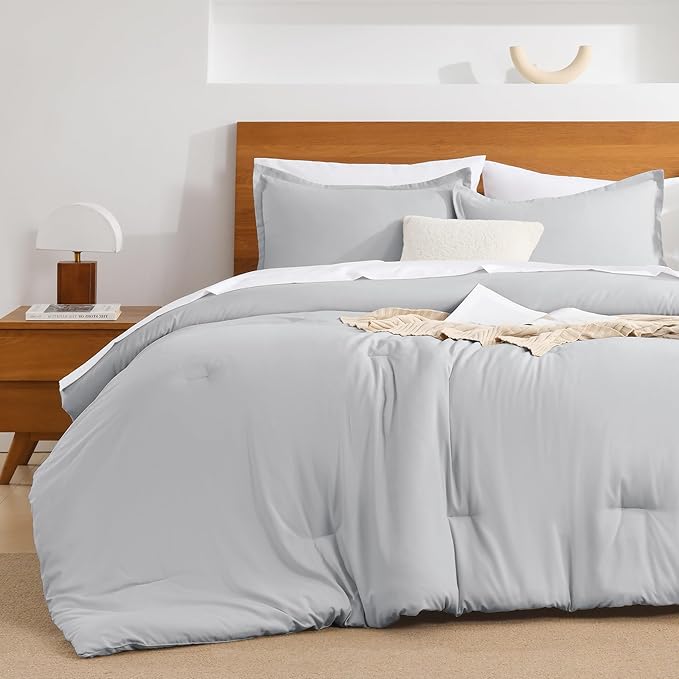 Andency Light Grey Comforter King Size - 7 Pieces Gray Bed in a Bag King Bedding Comforter Sets, Summer Plain Soft Lightweight Comforter with Fitted Sheets, Flat Sheets, Pillowcases & Shams