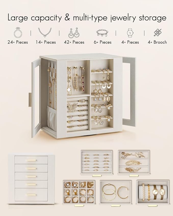 VLANDO 360ｰ Rotating Jewelry Box with 5 Drawers, Mothers Day Mom Gifts, Large Jewelry Storage with 2 Glass Window, PU Leather Jewelry Organizer for Bracelets, Necklaces, Earrings, Rings - Cloud White - Image 5