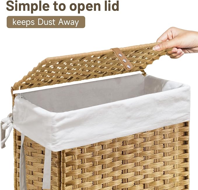 70L Slim Laundry Hamper with Lid & Wheels, Rolling Laundry Basket with 2 Removable Liner Bags & 3 Mesh Bags, Narrow Dirty Clothes Basket, Foldable Handwoven Rattan Laundry Sorter, Natural - Image 5