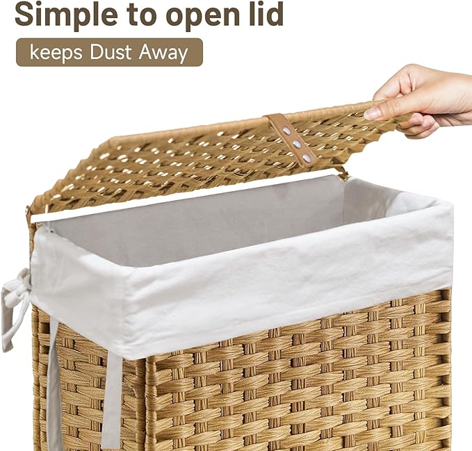 70L Slim Laundry Hamper with Lid & Wheels, 2-Park Rolling Laundry Basket with 4 Removable Liner Bags & 3 Mesh Bags, Narrow Dirty Clothes Basket, Foldable Handwoven Rattan Laundry Sorter, Natural - Image 5