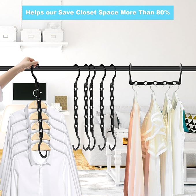 DUCOO Space Saving Hangers 10 Pack, Heavy Duty Magic Cascading Hanger Organizer with 5 Enclosed Anti-Slip Holes, Closet Organizers and Storage for Clothes, College Dorm Room Essentials, Black - Image 3