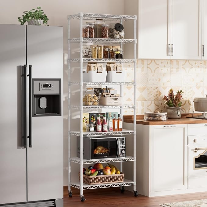 SINGAYE 8 Tier Shelf Organizer Storage Metal Shelves Garage Wire Shelving Unit Pantry Rack Adjustable Standing Storage for Kitchen Closet Laundry Bathroom Pantry 12" D x 22" W x 74" H White - Image 2