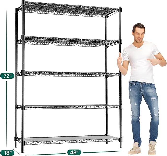 48" W Storage Shelves 1875LBS Metal Shelving, 5-Tier Adjustable Wire Shelving Unit with Liners, Heavy Duty Garage Shelving Steel Rack for Commercial Pantry, 48" W x 18" D x 72" H, Black - Image 3
