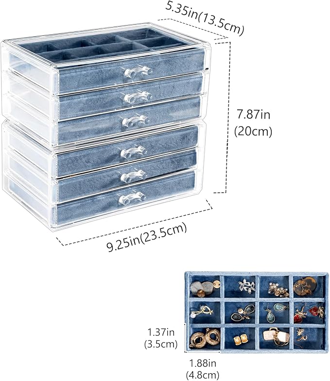 Lolalet Earring Holder Organizer Box Jewelry Storage with 6 Drawers, Clear Acrylic Stackable Earring Case with Adjustable Velvet Trays for Women on Dresser Vanity -Blue, 6 Layers - Image 4