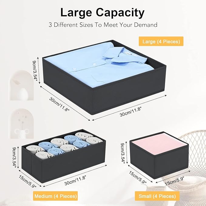 DIMJ Drawer Organizer 15 Pack - Foldable Baby Organizers and Storage & Dresser Organizer for Nursery, Bedroom, Closet - Nursery Organization Dresser Dividers for underwear, Sock,Bra, Belt, Tie，Black - Image 3