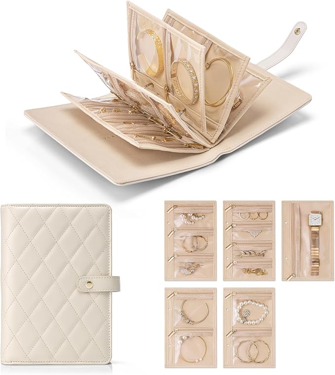 VLANDO Travel Jewelry Organizer Case,Large Jewelry Storage Book Ring Binder with Clear Zipper Velvet Jewelry Pouches Bags for Rings,Bracelet,Earrings-Cream White by VLANDO
