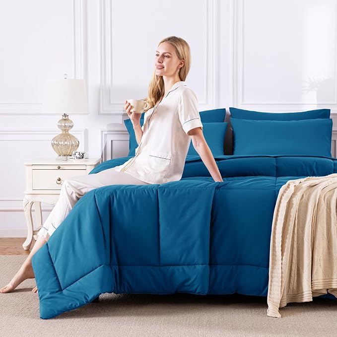 CozyLux Full Size Comforter Sets Teal, 7 Pieces Bed in a Bag, Teal Comforter Full Size, All Season Bedding Sets with Stitch Quilted Comforter, Flat Sheet, Fitted Sheet, Pillowcases