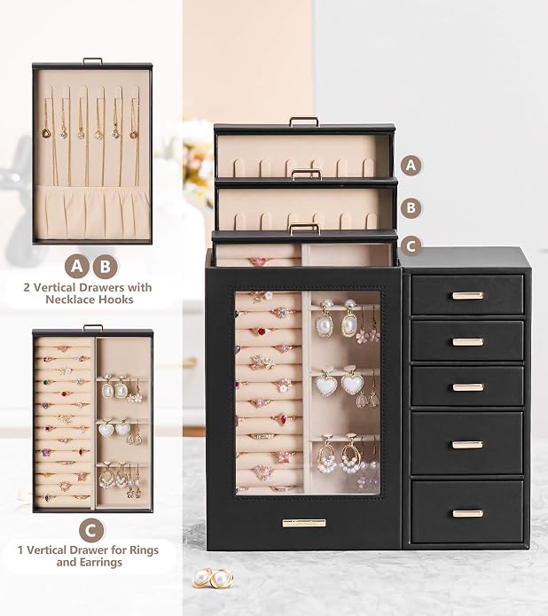 Homde Large Jewelry Box/Organizer/Case with Glass Window, Drawers for Necklaces Earrings Rings Bracelets Watches Gift for Women Girls - Image 3
