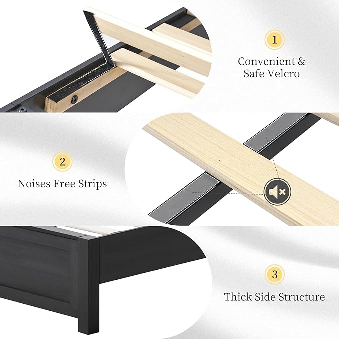 LUXOAK 3 Pcs Bedroom Furniture Sets - Includes Farmhouse King Size Bed Frame with 49" Tall Headboard and Nightstand Sets of 2 with Charging Station, Slated Handles & Stainless Steel Feet, Black