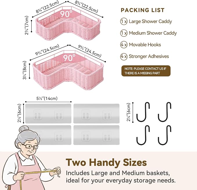 GRANNY SAYS 2 Pack Wicker Corner Shower Caddy Hanging, Shower Shelf for Inside Showers, Adhesive Shelves for Bathroom Organizers and Storage, Bathroom Shelves Wall Mounted with 4 Hooks for Decor, Pink - Image 2