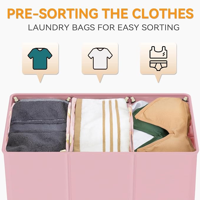 WOWLIVE 180L Laundry Hamper with Lid 3 Section,Large Laundry Basket with Removable Bags and Handles,Collapsible Dirty Clothes Hampers for Laundry,Laundry Basket Organizer for Laundry Room,Dorm,Pink - Image 5