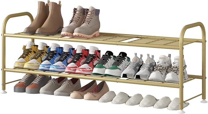 LINZINAR Shoe Rack Long 2 Tier Shoe Storage Organizer Metal Wide Shoe Shelf for Closet Entryway Bedroom 18 Paris Large Capacity, Gold by LINZINAR