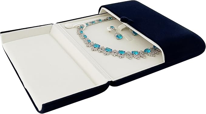 Navy Blue Velvet Jewelry Box for Large Necklace and Earrings Set Luxury Presentation Case for Pearl Strand Necklaces, Statement Jewelry, Button Clip Closure, Arc, Cream Velvet Interior, Gift Box - Image 6