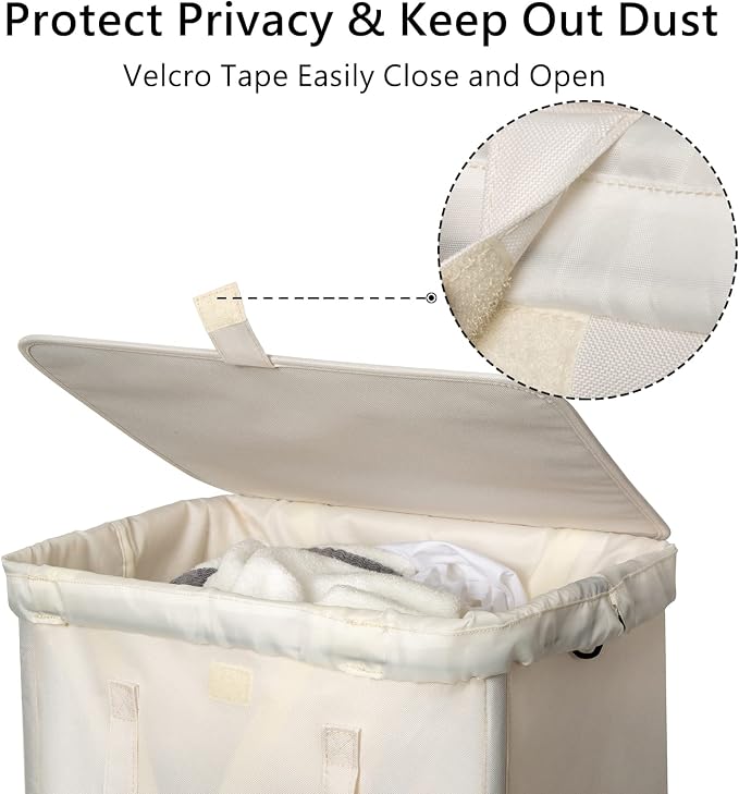 WOWLIVE 100L Laundry Hamper with Lid, Large Foldbale Laundry Basket with 2 Removable Bags and Handles, Tall Collapsible Dirty Clothes Hamper for Laundry Room, Bathroom, Dorm (Beige) - Image 6