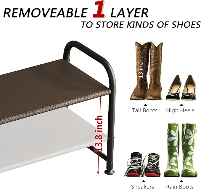 INGIORDAR Shoe Rack 2 Tier Long Storage Organizer Wide Metal Shoe Shelf for Closet Entryway Brown - Image 5