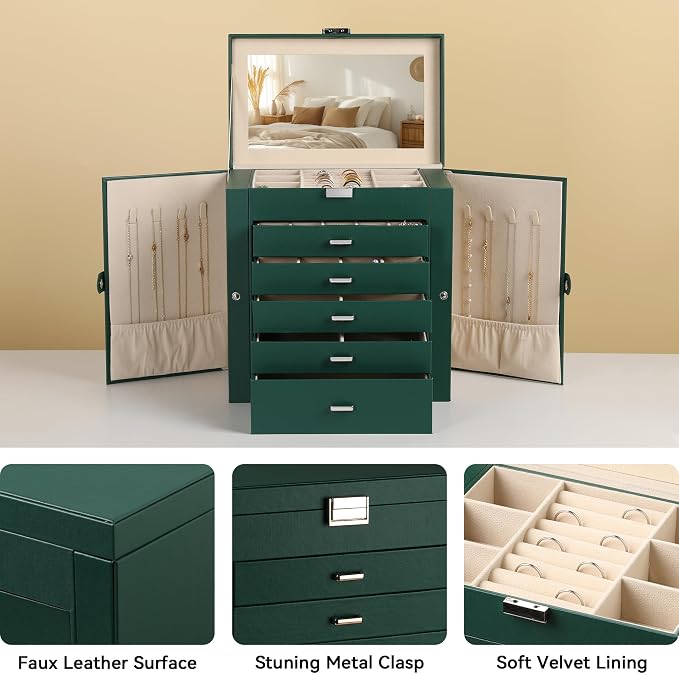 Frebeauty Large Jewelry Box,6-Tier PU Leather Jewelry Organizer,Multi-functional Storage Case with Mirror,Accessories Holder with 5 Drawers for Necklace Bracelets Watches(Blackish Green) - Image 4