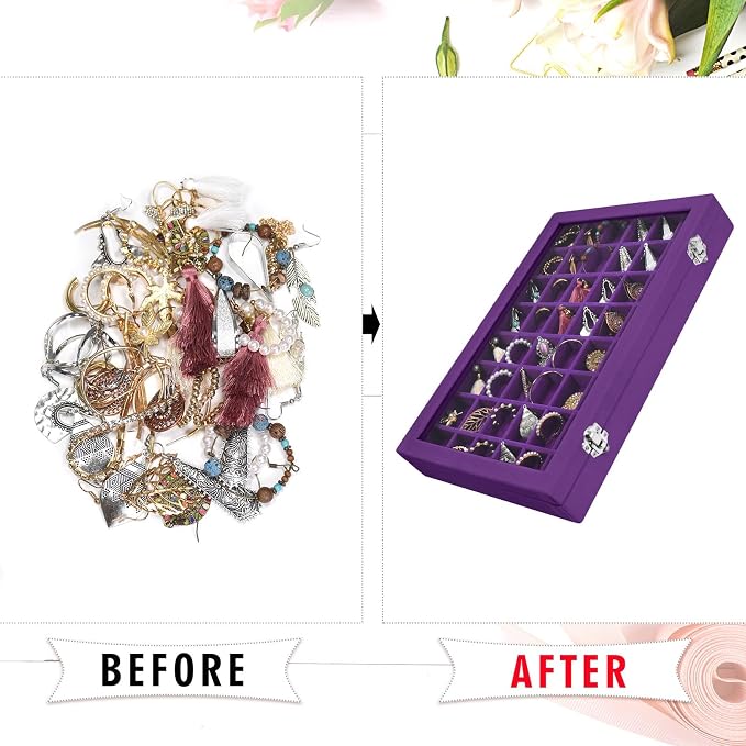 Siveit Velvet Jewelry Tray 48 Grid Jewelry Display Tray Organizer Box with Transparent Lid Rings Earrings Necklaces Pendants Display Box Suitable for Women and Girls (Purple) - Image 5