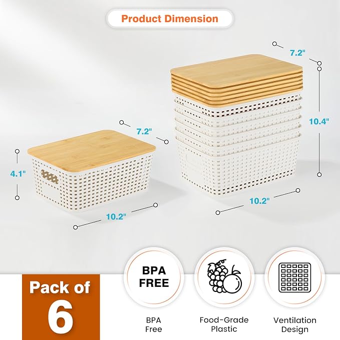 Ohmlove Plastic Storage Baskets With Bamboo Lid - Plastic Storage Containers Stackable Storage bins: Storage Baskets for Organizing Shelves Drawers Desktop Closet Playroom Classroom Office, 6 Pack - Image 2