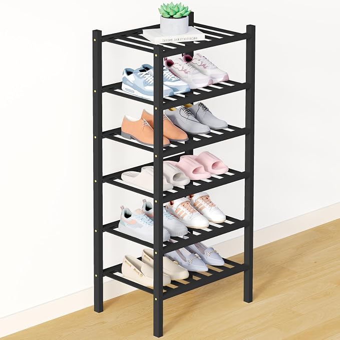 Smiry Bamboo Shoe Rack for Closet, 6 Tier Small Wooden Stackable Shoe Organizer, Free Standing Shoes Storage Shelf for Entryway, Front Door Entrance, Black by Smiry