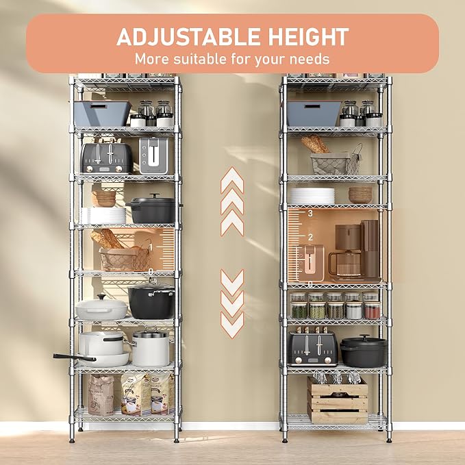 M MZG 8 Tier 2000 lbs Storage Rack Metal Wire Shelving Unit, Storage Standing Shelf Organizer for Laundry Bathroom Kitchen Pantry Closet Garage Utility Room, Chrome 13.8" D x 23.6" W x 79.5" H - Image 4