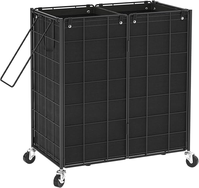 WOWLIVE Double Laundry Hamper with Wheels,Metal Wire Frame Rolling Laundry Basket with 2 Removable bags,120L Dirty Clothes Hamper Organizer Dorm Room Storage for Bedroom,Bathroom,Black by WOWLIVE