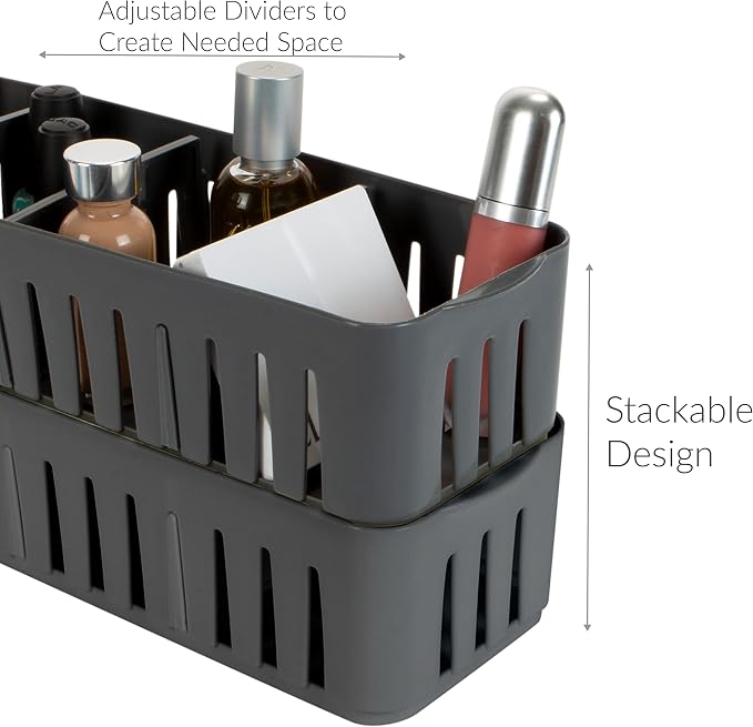 Simplify 2 Pack 4 Compartment Stackable Bin with Adjustable Dividers | Drawer Organizer | Storage Basket | Good for Office | Desk Supplies | Dorm |Bathroom | Accessories | Make Up | Grey - Image 4