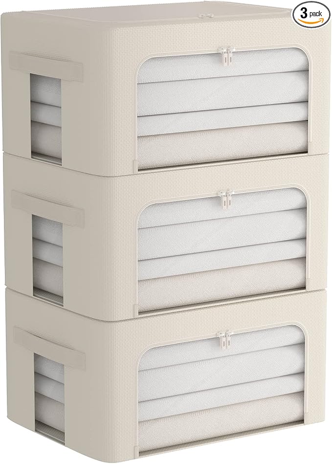CYhom 3Pack Frame Storage Box - Clothes Storage Bin Bags Oxford Fabric Foldable Stackable Container Organizer Set with Clear Window & Carry Handles (Beige, Medium-44L) by CYhom