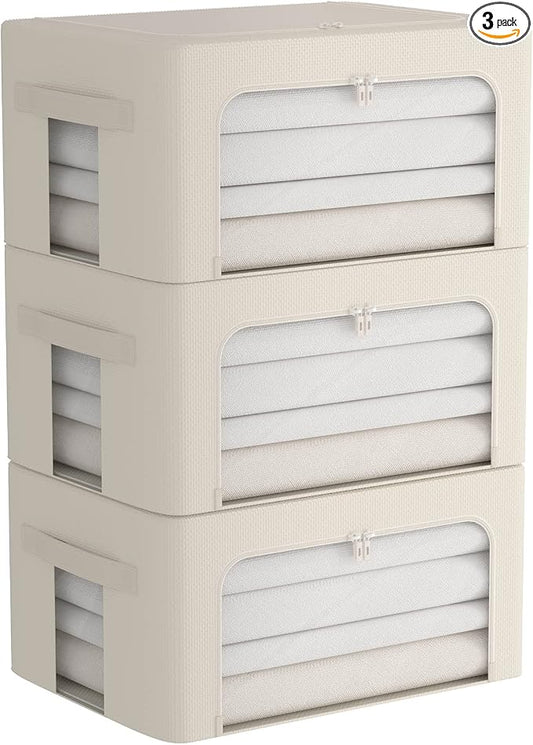 CYhom 3Pack Frame Storage Box - Clothes Storage Bin Bags Oxford Fabric Foldable Stackable Container Organizer Set with Clear Window & Carry Handles (Beige, Medium-44L) by CYhom