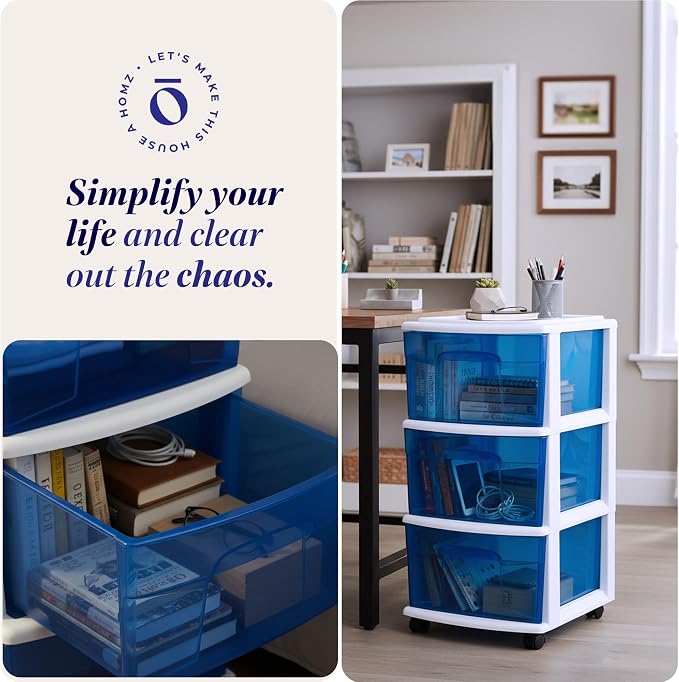 HOMZ Drawer Tower, 3-Tier Clear Blue Plastic Storage Organizer Cart, White Frame - Rolling Drawer Containers with Wheels for Bathroom, Bedroom, Office, and Classroom Organization - Image 6