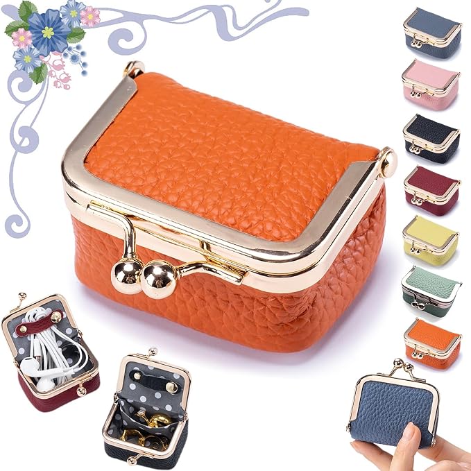 Genuine Leather Mini Jewelry Box, Portable Vintage-Inspired Genuine Leather Coin Purse Jewelry Case with Kiss Lock, Mini Travel Ring Box for Women for Earring/Ring/Necklace/Bracelet(Orange) by Unknown