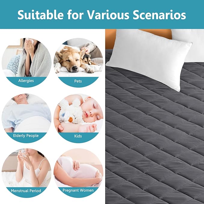 Queen Size Quilted Fitted Mattress Pad Cover, 100% Waterproof Mattress Protector, Deep Pocket Fitted 8" - 21", Breathable & Noiseless, Soft and Comfortable (60" x 80", Dark Gray)