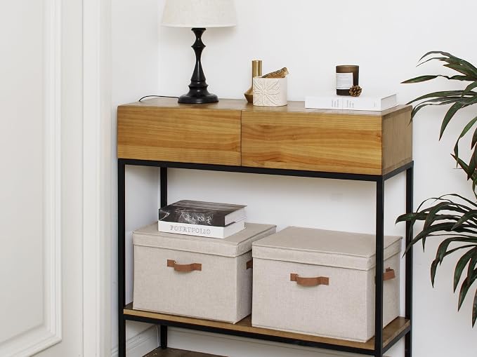 StorageWorks Fabric Storage Bins with Lid, Decorative Storage Boxes for Shelves, Stackable Closet Organizer Basket with Handles, Large, Brown and Beige, 2-Pack - Image 5