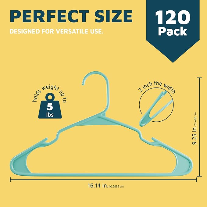 Lifemaster Plastic Clothes Hangers – Heavy Duty Hanger Set, for Organizing Clothes, Dresses, and Coat, Holds Up to 5 lbs, Space-Saving Hangers with Non-Slip Shoulder Grooves, Pack of 120, Aqua - Image 2