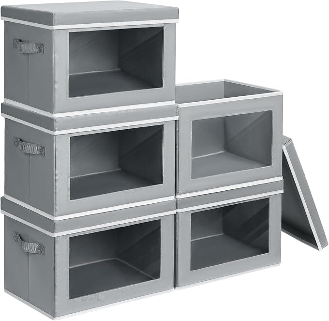 Homsorout Stackable Storage Bins with Lids - Large Decorative Basket with Lids, Fabric Foldable Closet Organizer Bins, Shelf Organizer for Living Room, Dorm, 5 Pack, Grey by Homsorout