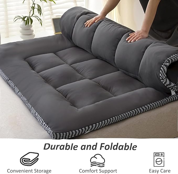Thick Mattress Topper Queen Size - Non-Slip Mattress Pad Cover for Back Pain Breathable Folding Sleeping Pad Machine Washable Mattress Protector (60x80 inch,Black)
