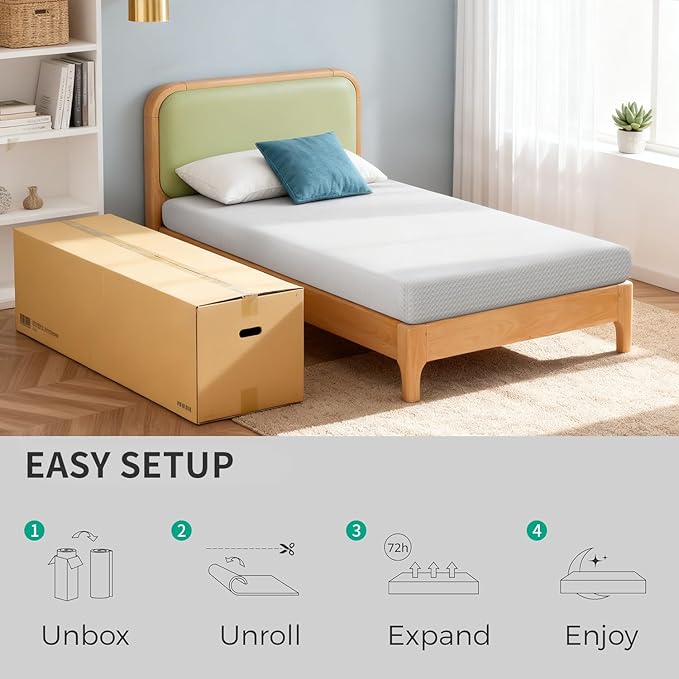 FDW 5 Inch Twin Mattress, Medium Firm Gel Memory Foam, Cooling Ventilated Foam, Pressure Relief, White, Removable Washable Cover, Bed in a Box, CertiPUR‑US Certified