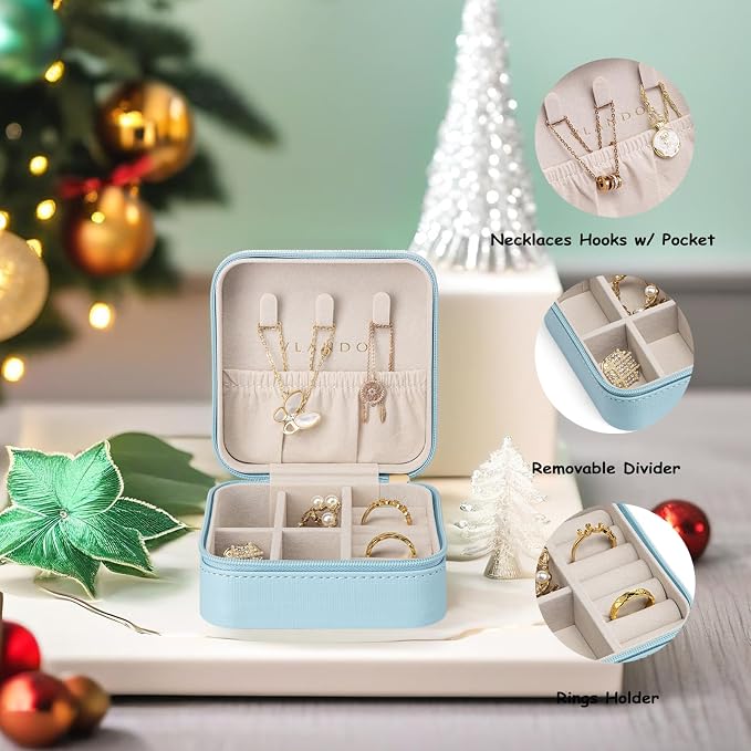 Vlando Small Travel Jewelry Box Organizer Display Case for Girls Women Gift Rings Earrings Necklaces Storage, Blue - Image 3