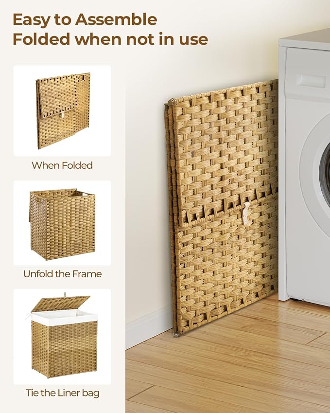 Greenstell Laundry Hamper with Lid, 125L Laundry Basket with 2 Removable Liner Bags & 2 Mesh Bags, Handwoven Synthetic Rattan Clothes Hamper for Clothes, Toys in Bathroom, Bedroom, Foldable, Natural - Image 7