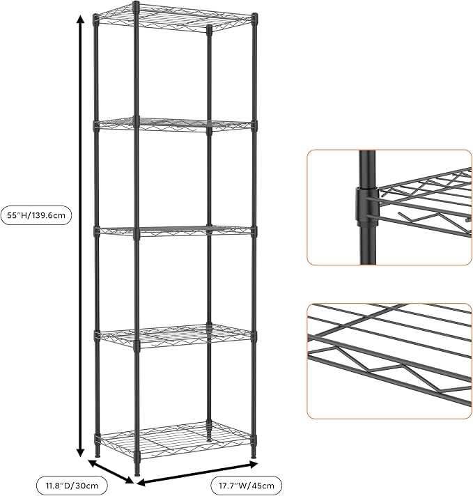 M MZG 5 Tiers Shelf Metal Storage Shelves Wire Rack Closet Organizers with Wheel for Garage Kitchen Bathroom Laundry Black 11.8" D x 17.7" W x 55" H - Image 3