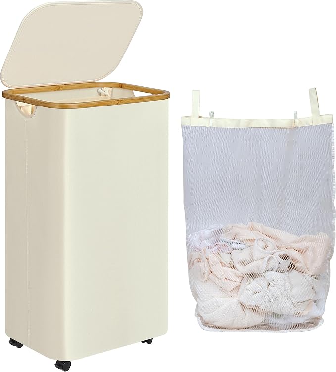 Laundry Basket with Wheels, 110L Beige Clothes Hamper for Laundry, Laundry Hamper with Lid and Inner Bag, Beige by iEGrow