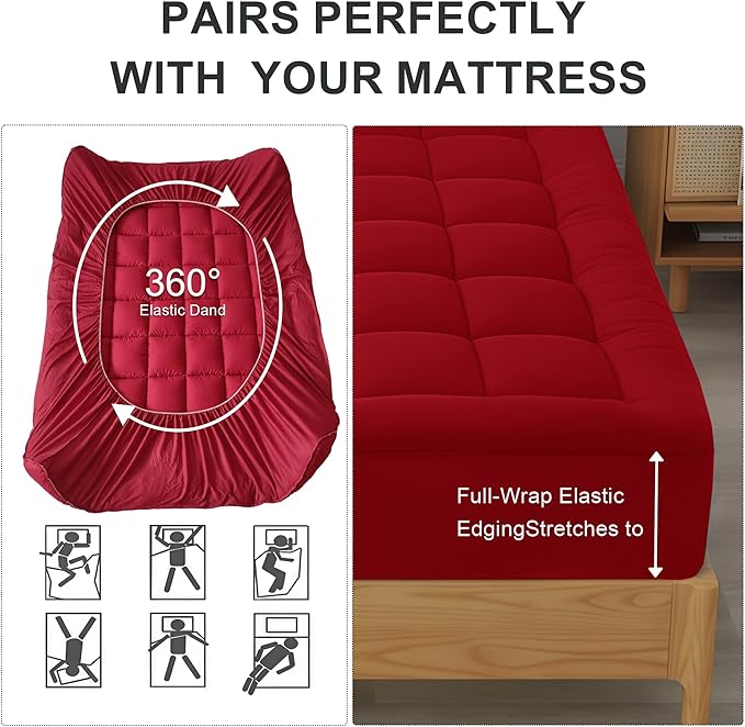 Quilted Mattress Pad Pillow Top Mattress Cover Protector Cooling Soft for Breathable Padded Deep Pocket 8-21 Fitted Supportive(Red,King Size)