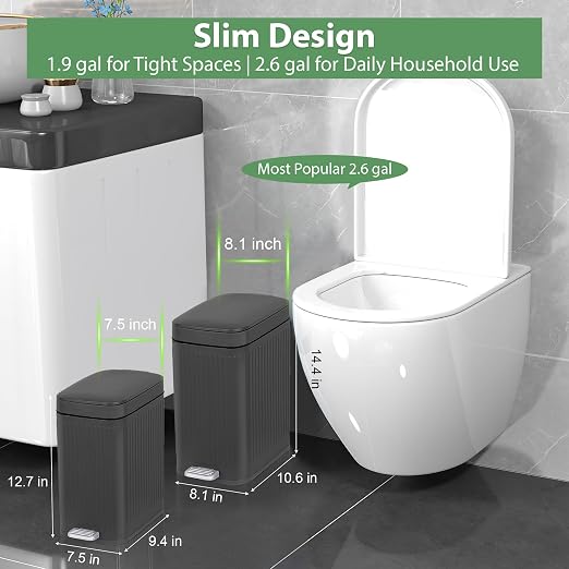 rejomiik Small Bathroom Trash Can with Lid Slim Soft Close Garbage Can Step Wastebasket Container Trash Bin for Office Bedroom Kitchen Living Room (1.9 Gallon Dark Gray) - Image 2