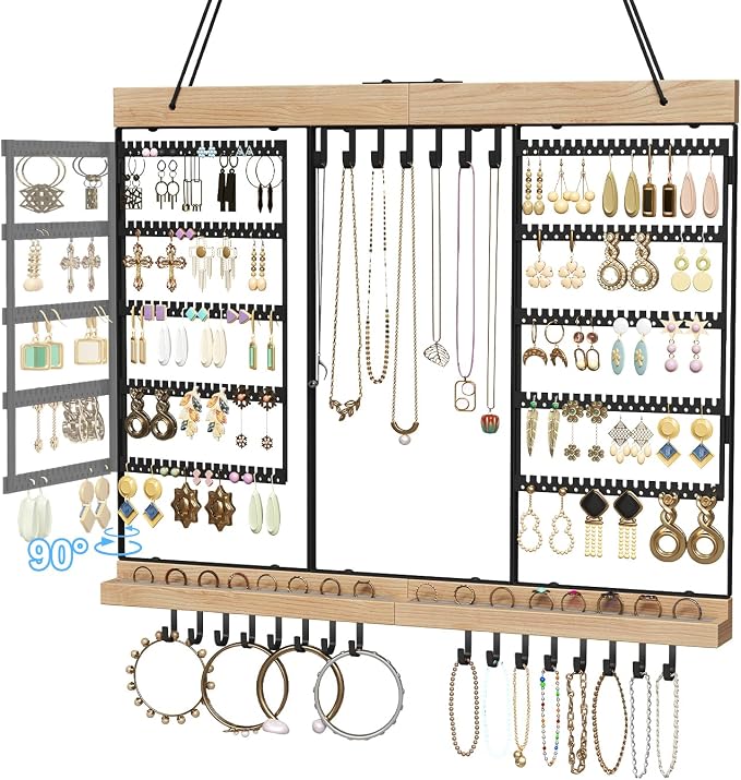 Feyejade Large Rotating Hanging Jewelry Organizer, 5-Tier Earring Holder Storage Holds up to 180 Pairs, Wall Mounted Jewelry Rack for Earrings, Necklaces, Bracelets and Rings, for Girls, Black by Feyejade