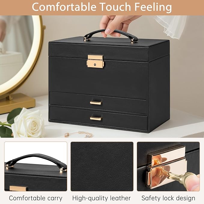 AKOZLIN Travel Jewelry Box Organizer Functional 2-trays Leather Jewelry Storage Case with Lockable Portable 2 Drawers for Women Girls Ring Necklace Earring Bracelet - Image 7
