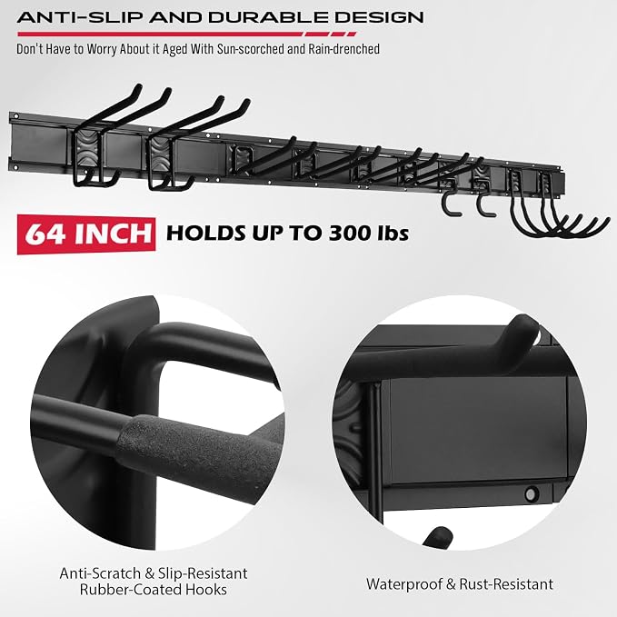 SEDY 64" Heavy Duty Garage Storage Tool Organizer Wall Mount - Tool Rack with Adjustable Hooks, Anti-Rust, 300lbs Capacity - Easy Installation (4 Racks, 10 Hooks, 3 Straps) - Image 6