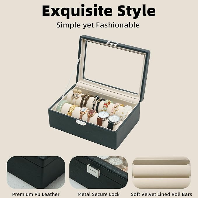 Bracelets Organizer Rods Bangles Display Holder, Clear See through Lid Leather Velvet Jewelry Storage Box Case for Women, 2 Rods Black Leather - Image 4