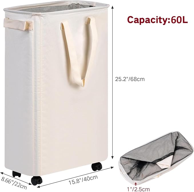 efluky Slim Laundry Hamper with Wheels, Rolling Laundry Basket for Clothes, Small Laundry Basket for Bedroom, Dorm and Laundry Room, 60L (12.7 Gallons) Beige - Image 3