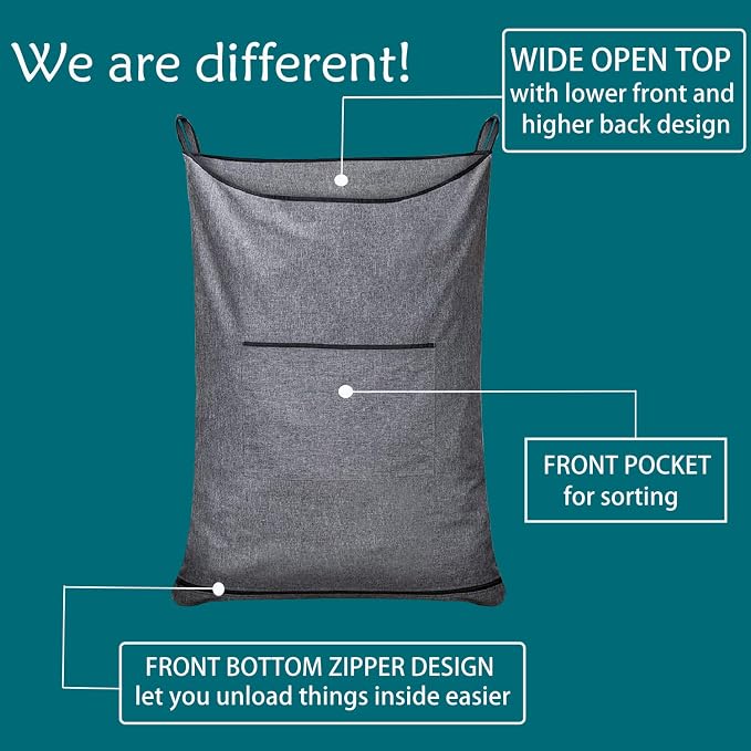 Hanging Laundry Hamper,Door Hanging Hamper with Width Opening, Over the Door Laundry bag with hooks, Laundry Collector and Over Door Storage Bag (36x22 Inch,Pop Grey) - Image 3